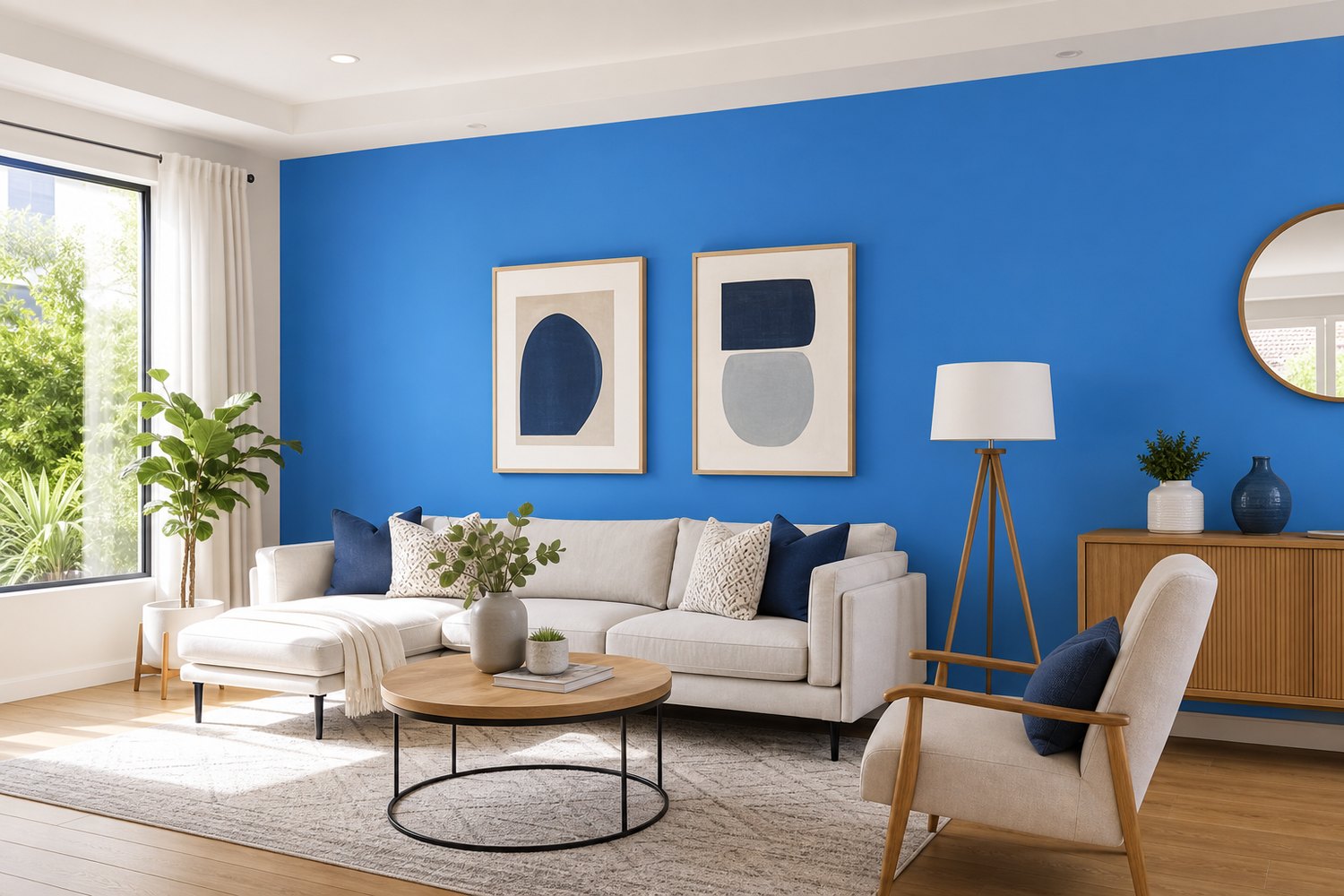 Sala moderna con pared Azul Infinito de acabado mate