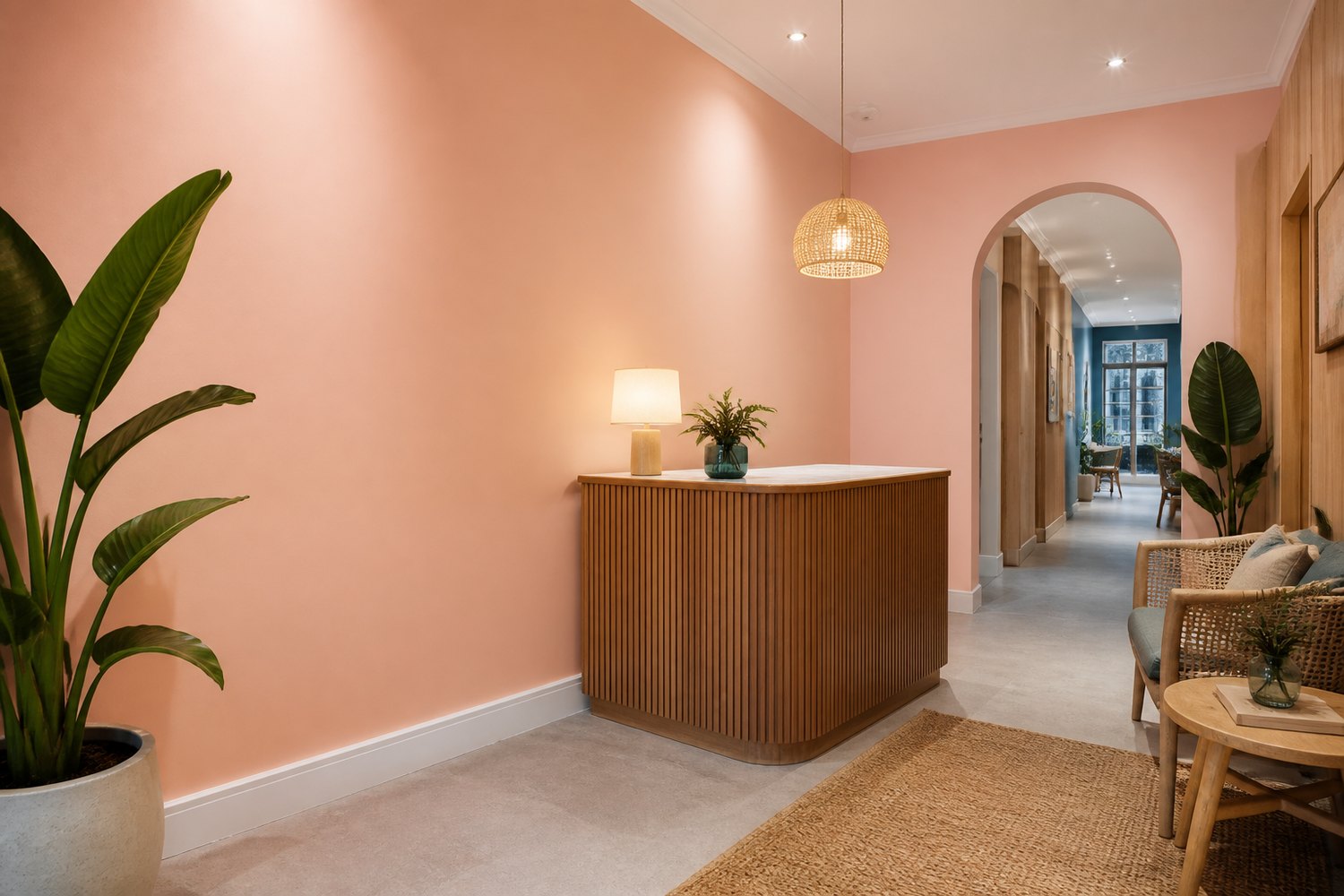Recepción comercial con pared Melocotón de acabado profesional